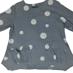 Ali Miles 100% Linen Tunic Top Denim Blue Polka Dot  Lagenlook Pockets XL